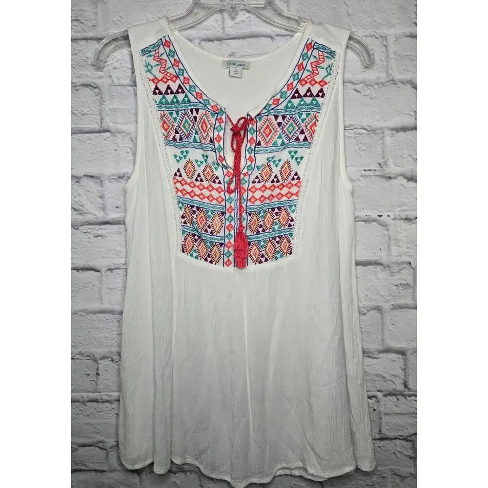 Sundance Journey Delight Embroidered Boho Top Sleeveless tassle White Small.